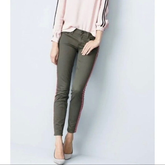 J Crew Women Sz 26 Army Green Red Embroidered Tuxedo Stripe Toothpick Ankle Jean - Picture 3 of 11
